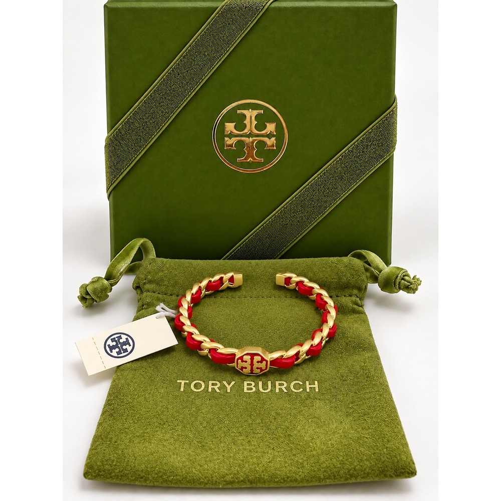 Tory Burch Red Leather & Gold Chain Link Bracelet / Gift Ready Box & Dustbag/NWT